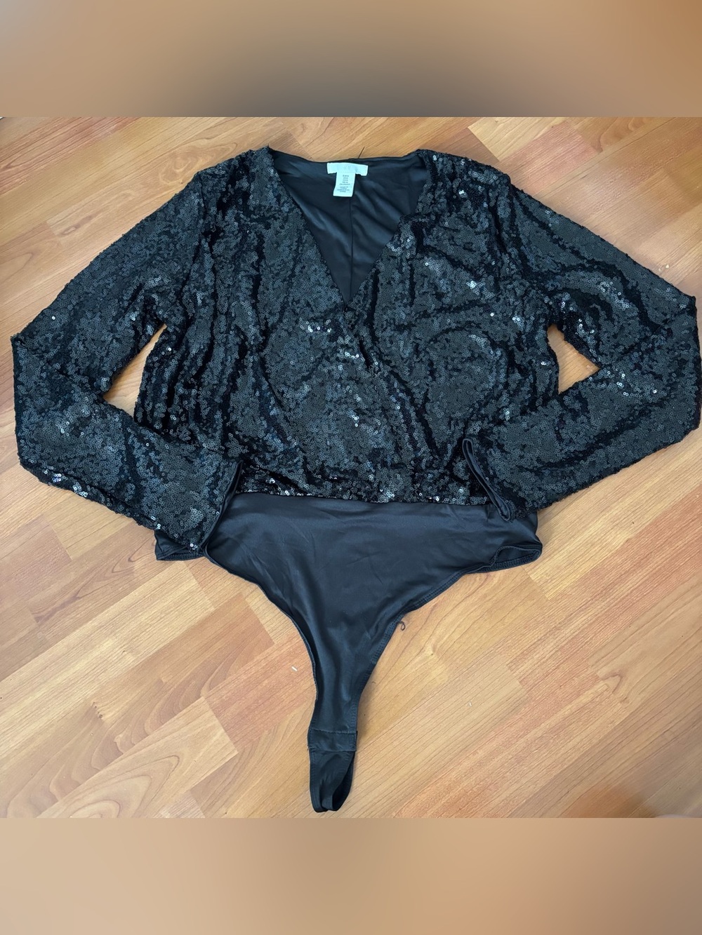 Women’s H&M Black Sequin Wrap Bodysuit – Size Medium